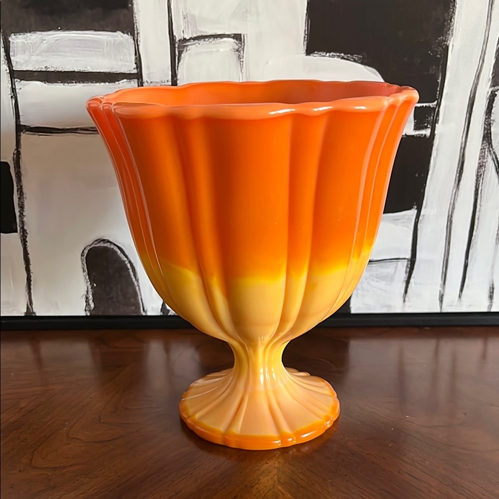 VTG LE Smith Bittersweet Orange Slag Glass Pedestal Compote Candy Dish MCM Art